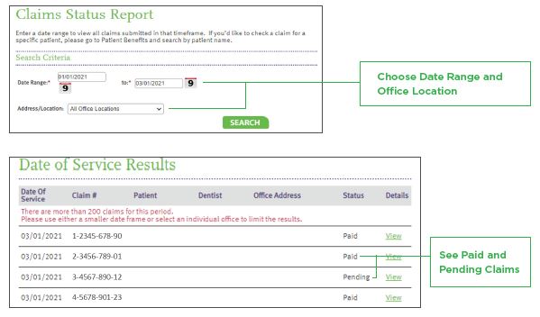 Image of dentist's view of online claim status report 