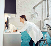 DDPA image of white female dentist checking online patient benefits
