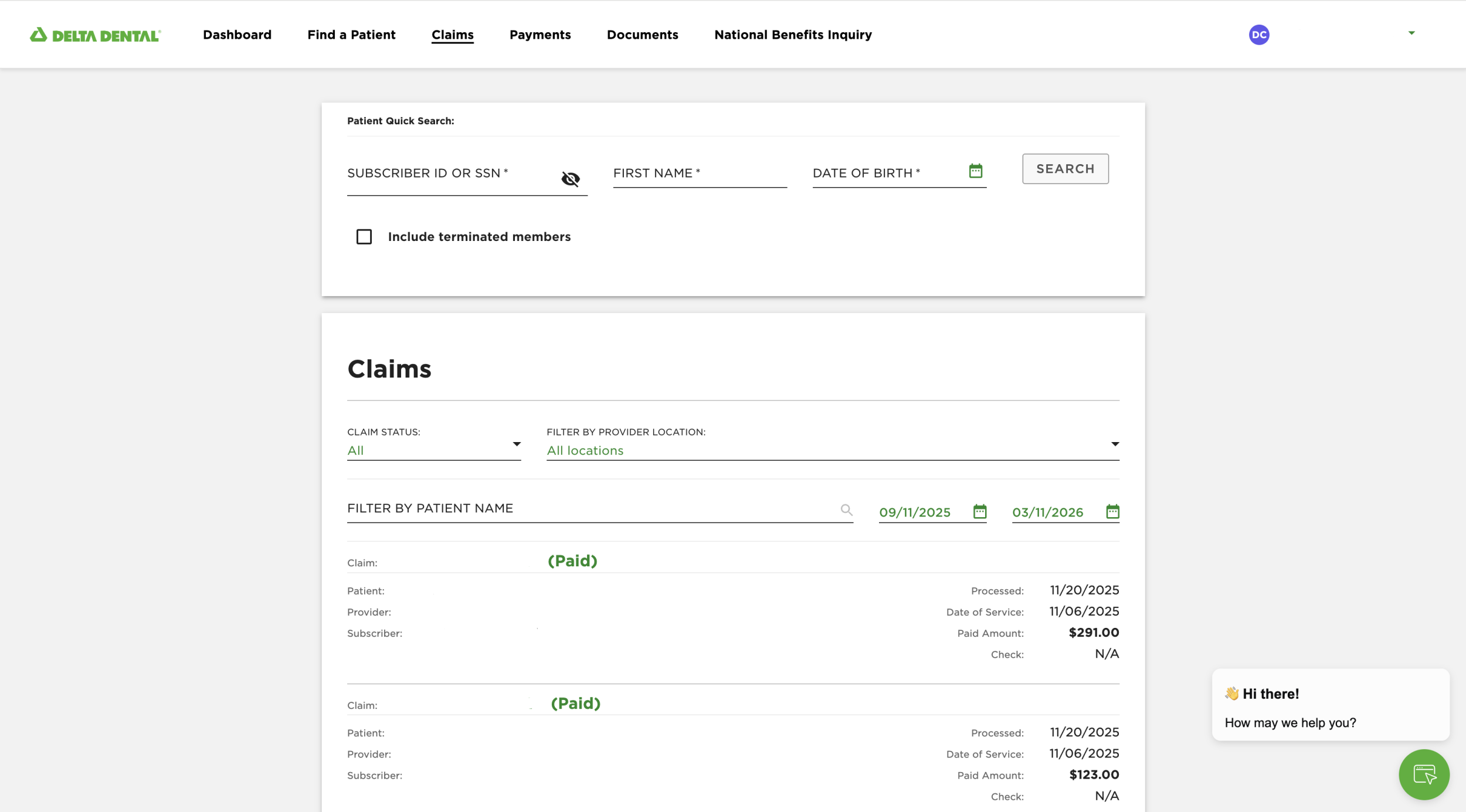 a screenshot of the claims page on the provider portal