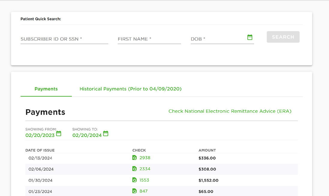a screenshot of the payments tab in the provider connection portal