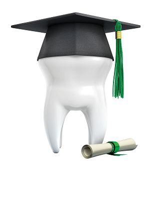 Tooth with graduation cap and diploma