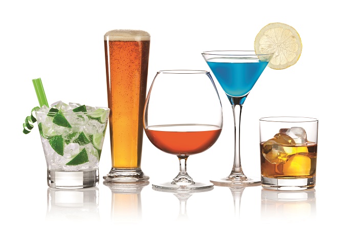 Alcoholic drinks in various glasses