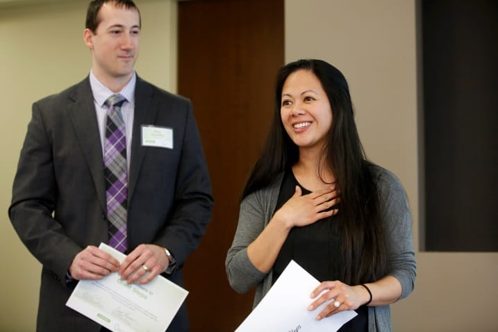 Pictured left: Dan Dahlke and Joy Cooper, of Giant Steps, speak about Giant Steps at the grants reception luncheon at the Delta Dental of Illinois Foundation headquarters in January 2015. Photo courtesy of Mike Tercha Photography.